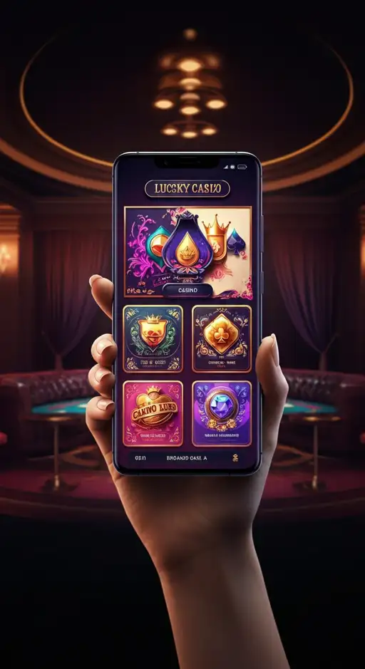 Mobiele telefoon met het Trueluck Casino-logo en een selectie van populaire gokkastspellen op het scherm, die de naadloze mobiele gaming-ervaring illustreert.